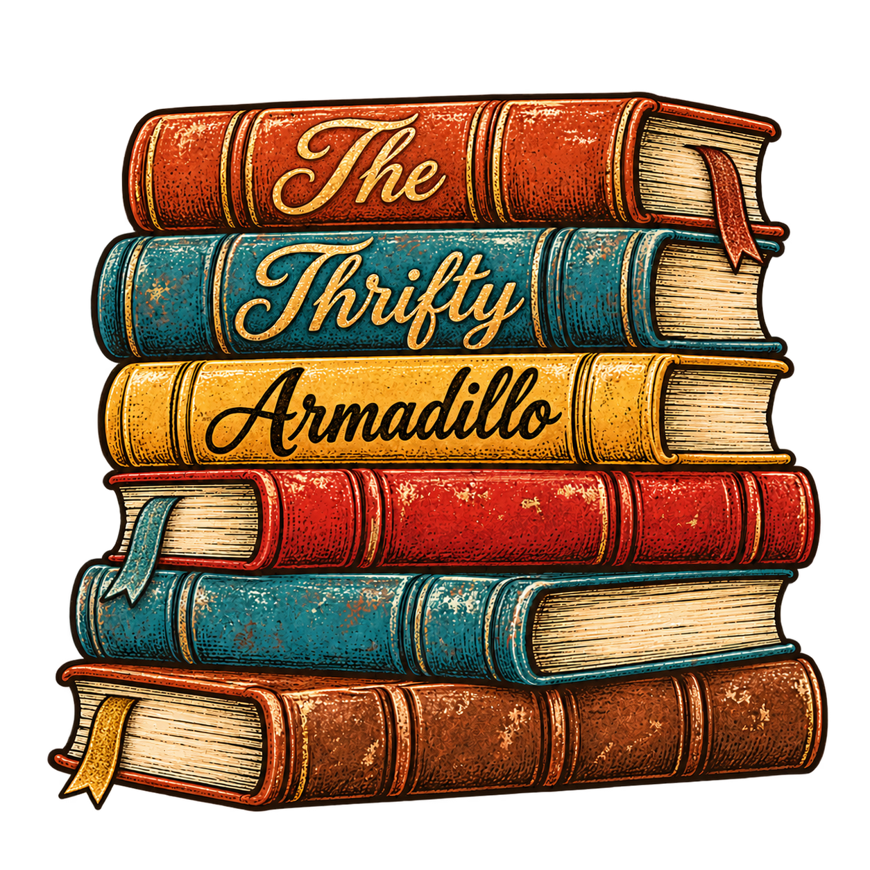 Six distressed books with cursive The Thrifty Armadillo and three worn bookmarks tucked between pages